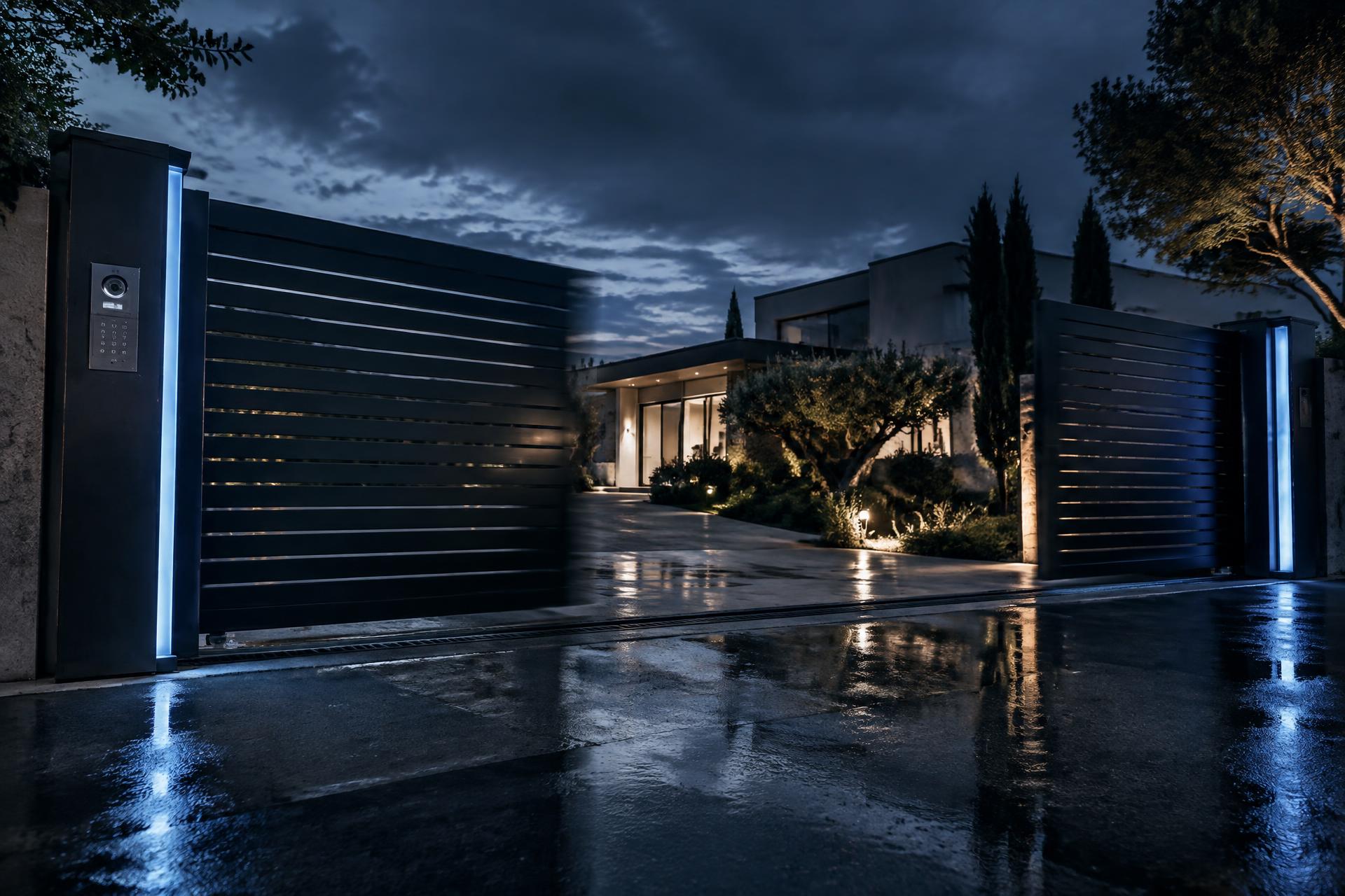 Portail automatique en cours d'ouverture devant une maison contemporaine
